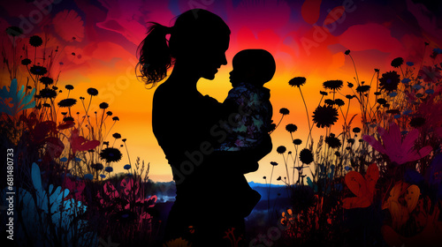 Artistic Silhouette  A creatively composed silhouette of a parent and baby in arms against a vibrant background  adding an artistic flair to the scene