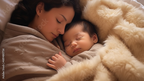 Naptime Bliss: A cozy scene of a baby nestled in their parent's arms during naptime, surrounded by soft pillows and blankets photo