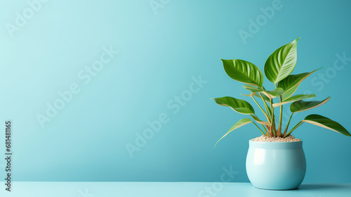 Home potted plant isolated over blue background. Pot with home plant with copy space