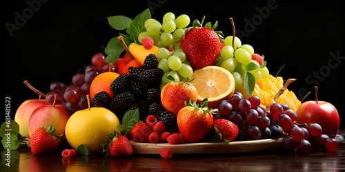  A table full of fruit including a variety of fruits bunch of fruits, on black background Freshness and abundance of fruit in a vibrant healthy collection AI Generative 