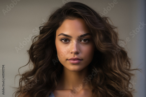Portrait of a beautiful young woman with long curly hair and makeup.