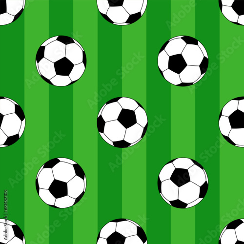 vector sports pattern with soccer balls on a green background. Football balls on the lawn