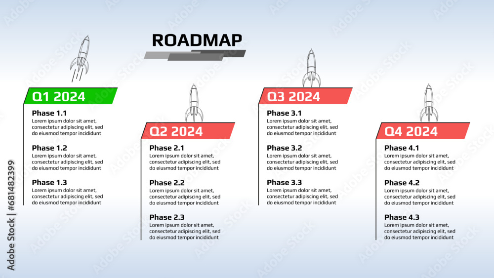 Obraz premium Roadmap with green and red stages with rockets on blue gradient background. Horizontal infographic timeline template for business presentation. Vector.