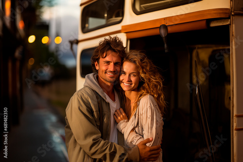 Young couple embracing outside a camper at golden hour.