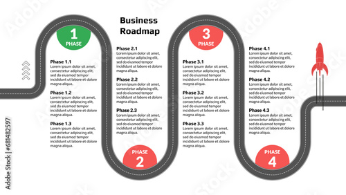 Roadmap with winding road with stages and rocket on white background. Horizontal infographic timeline template for business presentation. Vector.