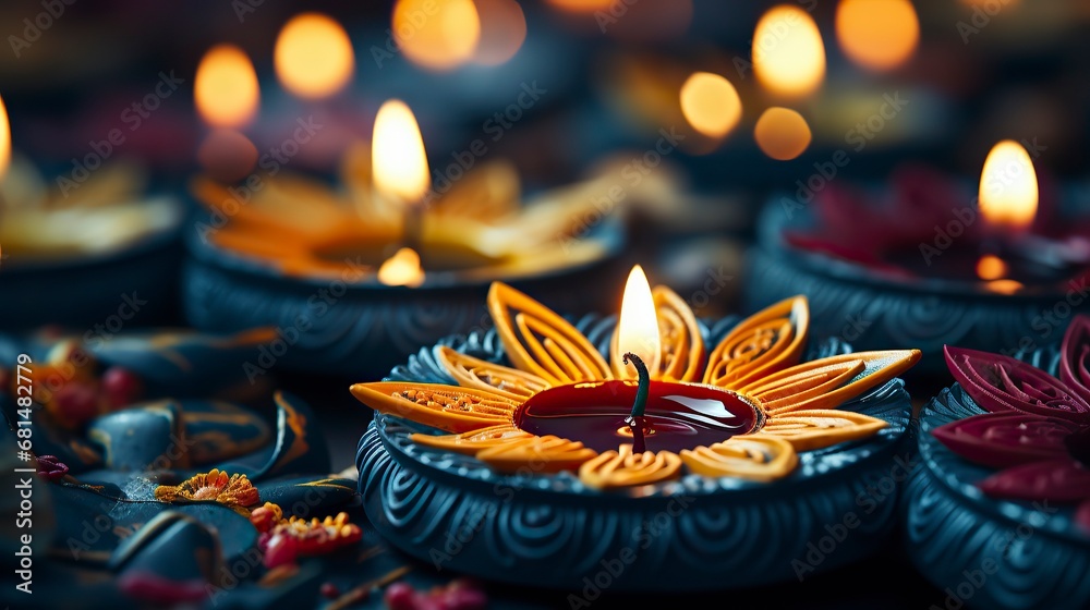 Coloured diyas and lamps black background ,Diwali, Maha shivatri, Decoration for Puja

