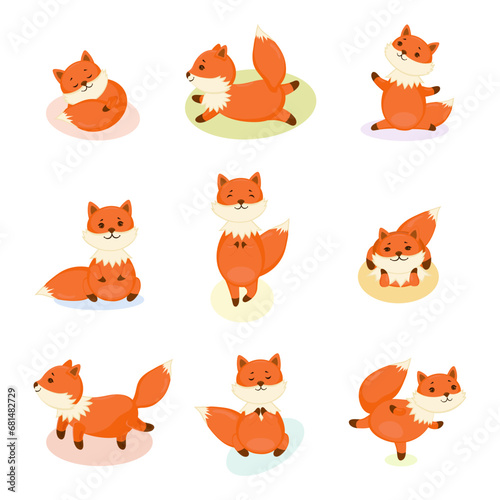 Fototapeta Naklejka Na Ścianę i Meble -  Collection with cute foxes making yoga exercises. Healthy life style concept. Kids print and web design.