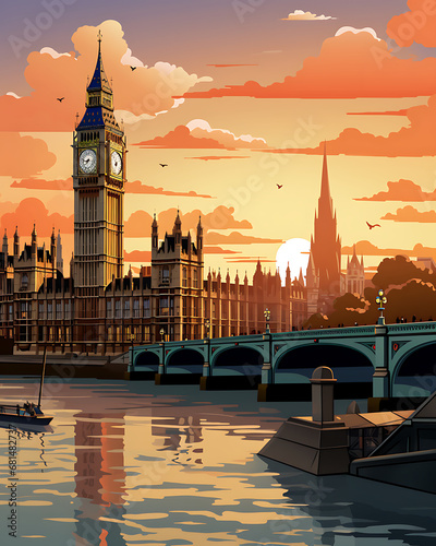 Watercolor London Britain Painting Illustration Artwork - England Big Ben Travel Coastal Print - Tourism Westminster Houses of Parliament British UK Oil Painting photo