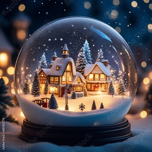 showcasing a magical Christmas village with softly lit lanterns and the serene beauty of a snow globe at night. Generated by Ai