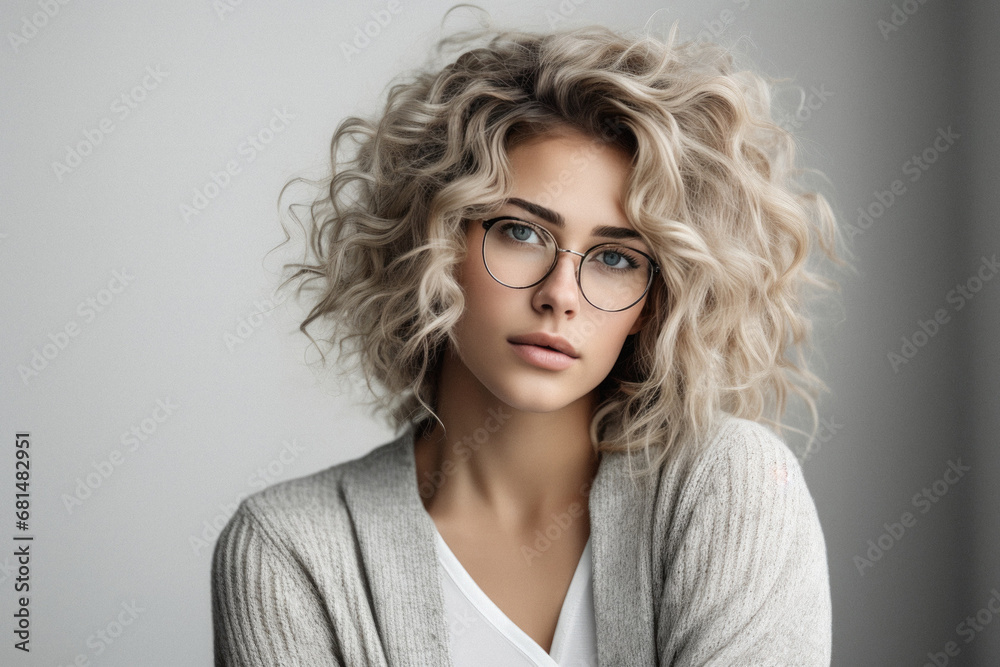 Portrait of beautiful young woman with curly hair and eyeglasses.