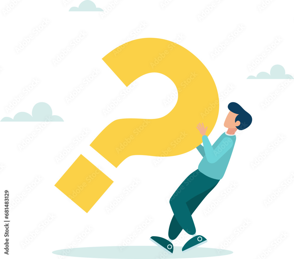 Concept of business problem or stress burden, difficult question without answer. Businessman carries a heavy big question mark. Vector illustration.
