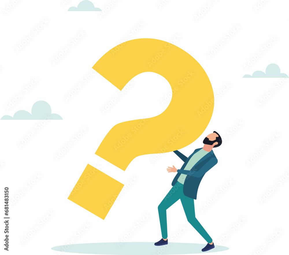 Concept of business problem or stress burden, difficult question without answer. Businessman carries a heavy big question mark. Vector illustration.
Concept of business problem or stress burden, difficult question without answer. Businessman carries a heavy big question mark. Vector illustration.