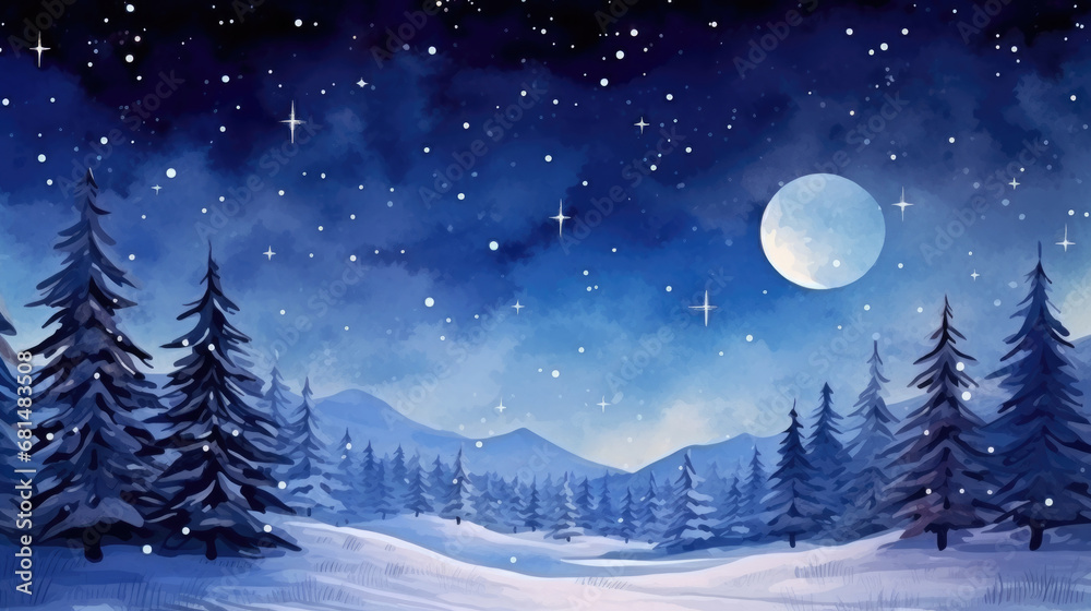 Winter landscape with fir trees, moon and stars. Watercolor illustration.