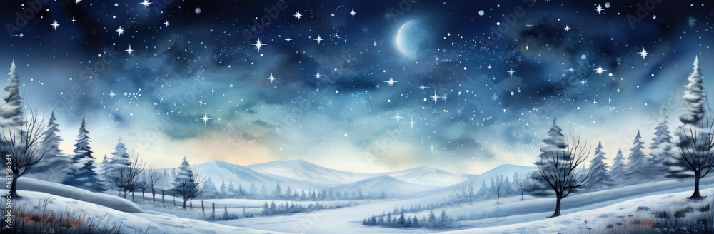 Winter landscape with snow covered trees and starry sky. Christmas and New Year panoramic banner.
