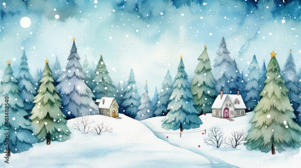 Winter landscape with fir trees, houses and snowflakes. Watercolor illustration.
