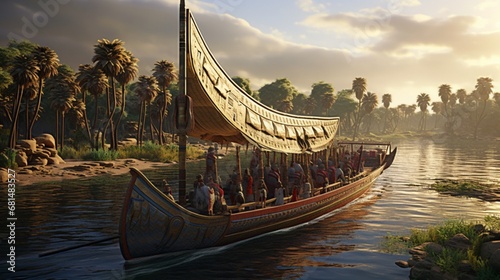 an ancient Egyptian riverboat transporting goods along the Nile River photo