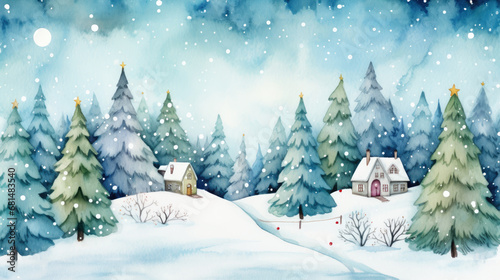 Winter landscape with fir trees, houses and snowflakes. Watercolor illustration. © Songyote