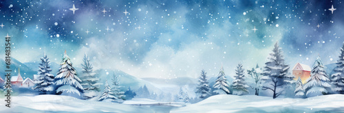 Winter landscape with fir trees and houses. Christmas and New Year background. Watercolor illustration.