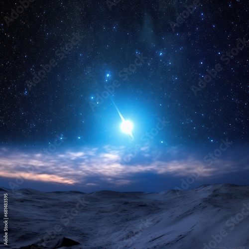 Sky with a rare blue-colored star standing out among 