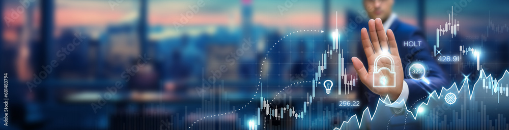 Trading halt on stock market. Businessman shows stop sign against abstract financial background with investment graphics and icons. Concept interrupted trading, stock analysis and financial planning Trading halt on stock market. Businessman shows stop sign against abstract financial background with investment graphics and icons. Concept interrupted trading, stock analysis and financial planning