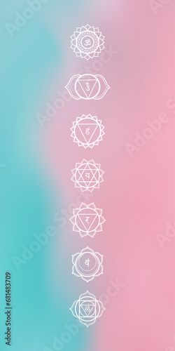 7 chakras on delicate gradient background. Vertical vector illustrations