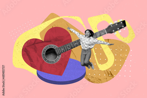 Creative collage image of excited mini black white effect girl flying big heart symbol guitar isolated on painted pink background