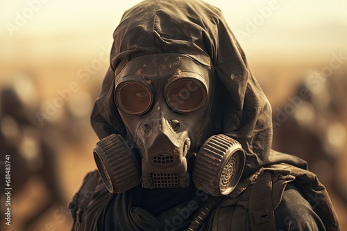person during a sandstorm in the dessert wearing a gas mask - postapocalyptic scenery