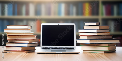  Laptop and books in library stock, Education concept with laptop and books stack with library background. Generative AI © Aoun