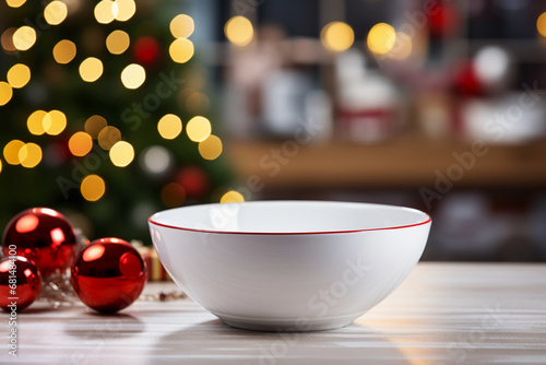 A white bowl in the middle of the counter with Christmas Scene and Christmas present in the background. AI generative