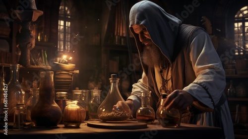 an Egyptian alchemist experimenting with various substances and elixirs
