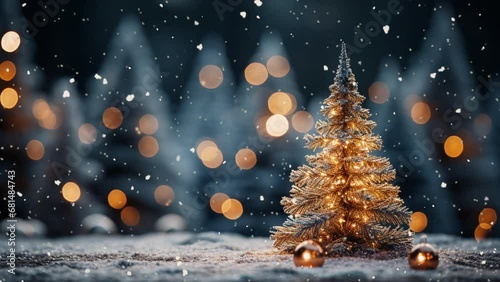Christmas fairy-tale scene - decorated christmass tree in the forest. It is snowing. Cozy festive winter atmosphere.