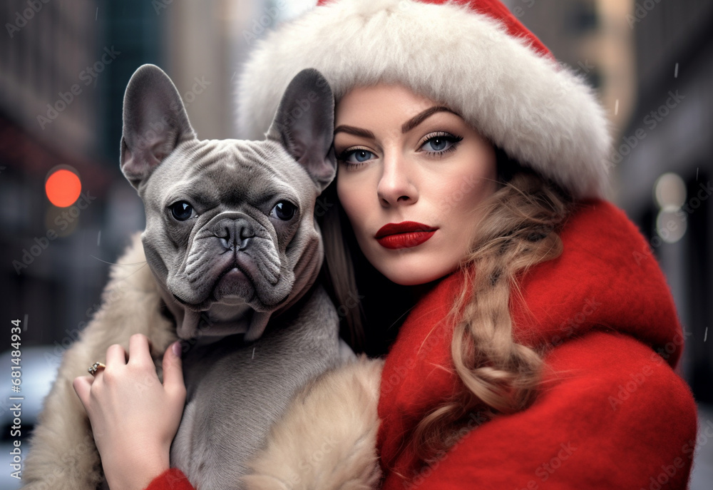 Festive Lady and French Bulldog in Santa Claus Attire Festive Lady and French Bulldog in Santa Claus Attire