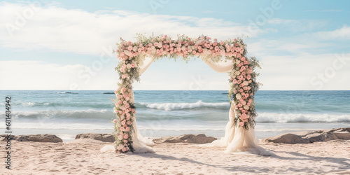  Wedding Decoration Beautiful wedding Arch decorations with white rose setup on the beach. Wooden arch and flower decoration. Wedding ceremony on the beach, decorated stylish arch  AI Generative     © Faiza