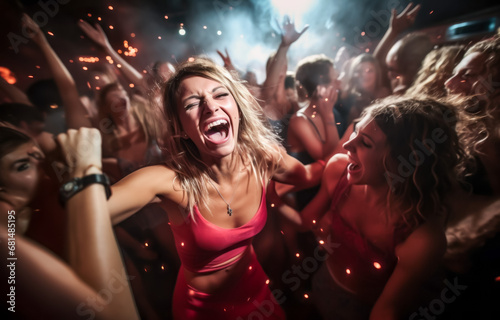 Portrait of young woman dancing with friends at party in night club