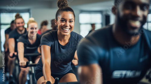 Portrait of smiling young people working out on exercise bike in gym photo