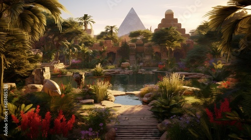 an Egyptian garden filled with exotic plants and wildlife