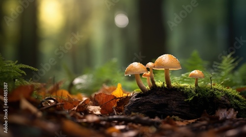 Mushrooms in the autumn forest after the rain close-up