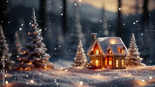 Christmas fairy-tale scene - a doll's house in a doll's forest. It is snowing. Cozy festive winter atmosphere. photo