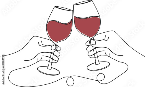 continuous single line drawing of hands clinking glasses with red wine, line art vector illustration