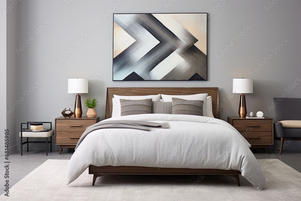 minimalistic bedroom with a gray concrete wall and wooden furniture minimalistic bedroom with a gray concrete wall and wooden furniture
