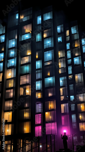 Tall building windows, dark palette chiaroscuro, coded patterns, sparse and simple. AI generative