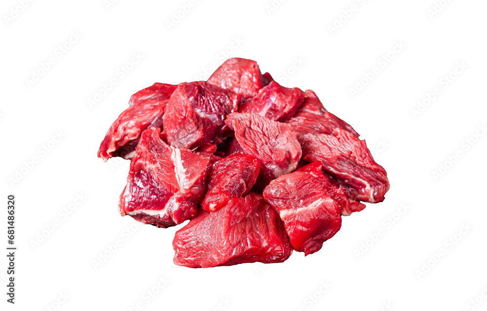 Pieces of raw diced beef fillet meat.  Transparent background. Isolated.