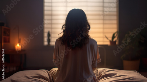 暗い部屋のベッドの上に座る女性の後ろ姿 photo