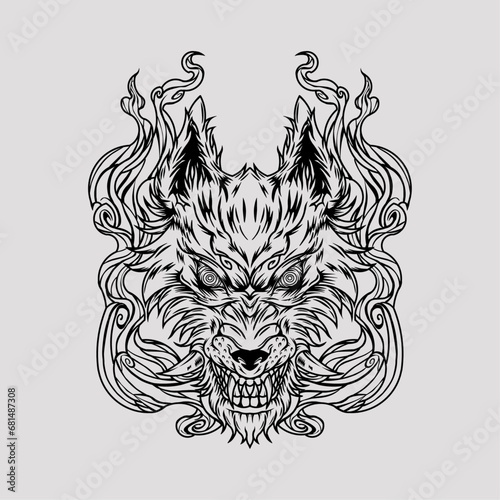 Angry beast lone wolf head tribal tattoo and tshirt design