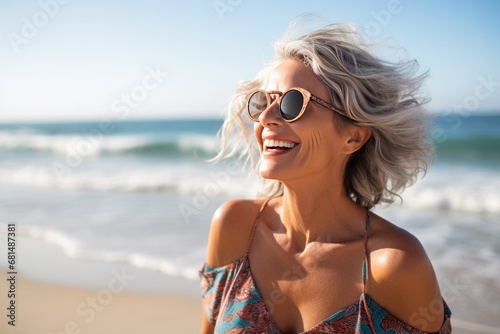 Happy mature latin woman at the beach