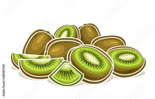 Vector logo for Kiwi Fruit, decorative horizontal poster with outline illustration of juicy kiwi composition, cartoon design fruity print with many chopped kiwi fruit parts on white background