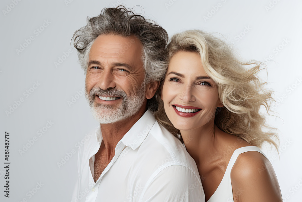 Portrait of a happy smiling couple dressed in white with the white background Made with Generative AI Portrait of a happy smiling couple dressed in white with the white background Made with Generative AI