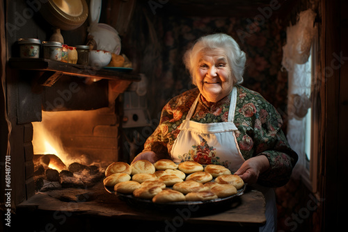 happy smiling older woman grandmother in kitchen with lot of baked pies on tray near wood stove with fire home baking eating delicious