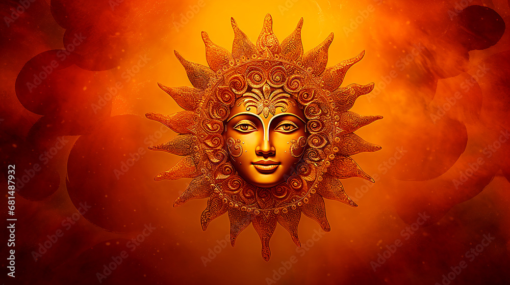 Sun God  Surya, solar deity in Hinduism. Pongal, Makara Sankaranti - Hindu festival. - obrazy, fototapety, plakaty 