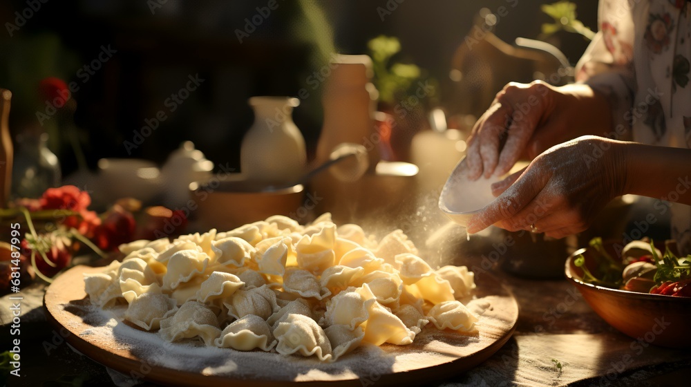 Female hands preparing dumplings on wooden table in kitchen